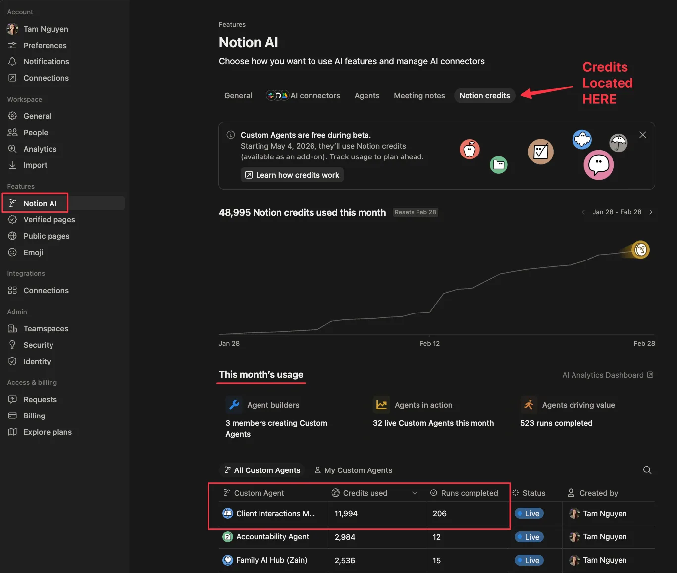 The Notion AI usage dashboard