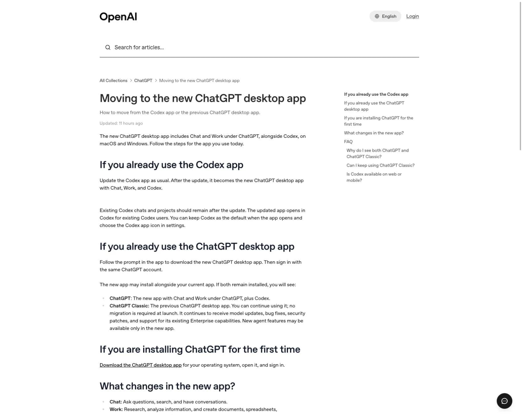 OpenAI Help Center article showing that the current ChatGPT desktop app includes Chat, Work, and Codex.